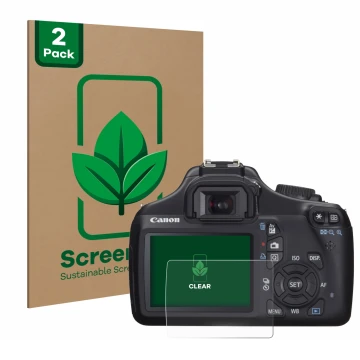 Vorderseite einer Produktverpackung mit dem Markenlogo ScreenLeaf. Daneben ist das Gerät Canon EOS 1100D mit dem zugehörigen D