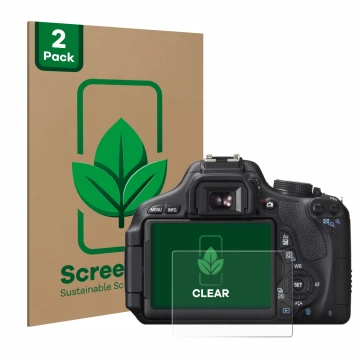 Vorderseite einer Produktverpackung mit dem Markenlogo ScreenLeaf. Daneben ist das Gerät Canon EOS 600D mit dem zugehörigen Di