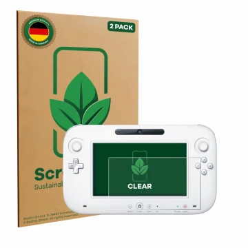Vorderseite einer Produktverpackung mit dem Markenlogo ScreenLeaf. Daneben ist das Gerät Nintendo Wii U GamePad (Controller) m