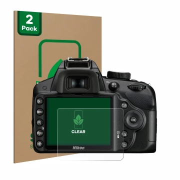 Vorderseite einer Produktverpackung mit dem Markenlogo ScreenLeaf. Daneben ist das Gerät Nikon D3200 mit dem zugehörigen Displ