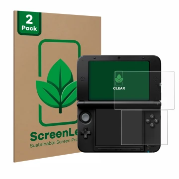 Vorderseite einer Produktverpackung mit dem Markenlogo ScreenLeaf. Daneben ist das Gerät Nintendo 3DS XL SPM7800 mit dem zugeh