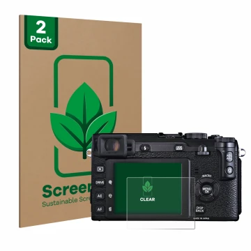 Vorderseite einer Produktverpackung mit dem Markenlogo ScreenLeaf. Daneben ist das Gerät Fujifilm X-E1 mit dem zugehörigen Dis
