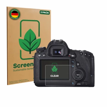 Vorderseite einer Produktverpackung mit dem Markenlogo ScreenLeaf. Daneben ist das Gerät Canon EOS 6D mit dem zugehörigen Disp