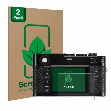 Vorderseite einer Produktverpackung mit dem Markenlogo ScreenLeaf. Daneben ist das Gerät Leica M (Typ 240) mit dem zugehörigen