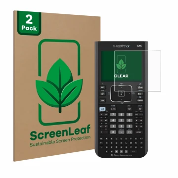 Vorderseite einer Produktverpackung mit dem Markenlogo ScreenLeaf. Daneben ist das Gerät Texas Instruments Nspire CX CAS mit d