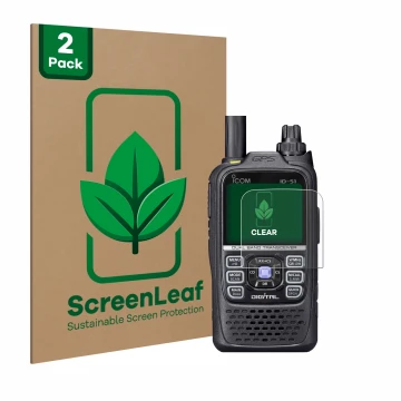 Vorderseite einer Produktverpackung mit dem Markenlogo ScreenLeaf. Daneben ist das Gerät Icom ID-51 mit dem zugehörigen Displa