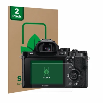 Vorderseite einer Produktverpackung mit dem Markenlogo ScreenLeaf. Daneben ist das Gerät Sony Alpha 7 (ILCE-7) mit dem zugehör