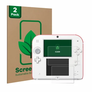 Vorderseite einer Produktverpackung mit dem Markenlogo ScreenLeaf. Daneben ist das Gerät Nintendo 2DS mit dem zugehörigen Disp