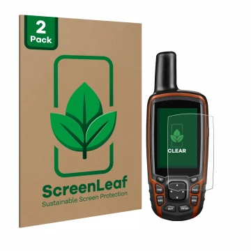 Vorderseite einer Produktverpackung mit dem Markenlogo ScreenLeaf. Daneben ist das Gerät Garmin GPSMAP 64s mit dem zugehörigen
