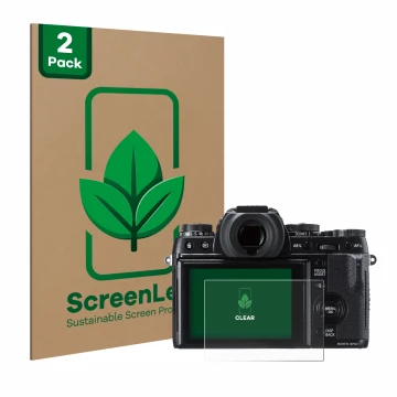 Vorderseite einer Produktverpackung mit dem Markenlogo ScreenLeaf. Daneben ist das Gerät Fujifilm X-T1 mit dem zugehörigen Dis
