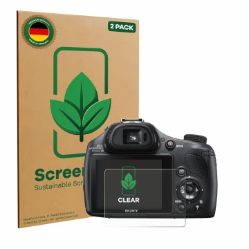 Vorderseite einer Produktverpackung mit dem Markenlogo ScreenLeaf. Daneben ist das Gerät Sony Cyber-Shot DSC-HX400V mit dem zu
