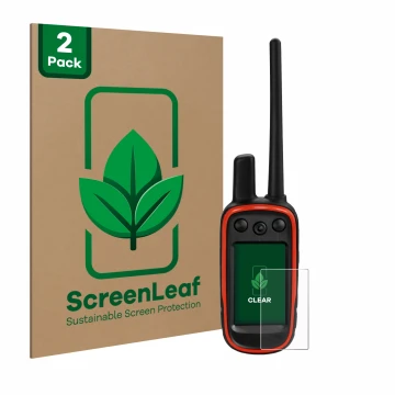 Vorderseite einer Produktverpackung mit dem Markenlogo ScreenLeaf. Daneben ist das Gerät Garmin Alpha 100 mit dem zugehörigen 