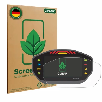 Vorderseite einer Produktverpackung mit dem Markenlogo ScreenLeaf. Daneben ist das Gerät Ducati Monster 1200 Colour-TFT-Displa