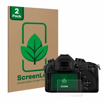 Vorderseite einer Produktverpackung mit dem Markenlogo ScreenLeaf. Daneben ist das Gerät Panasonic Lumix DMC-FZ1000 mit dem zu