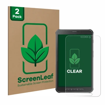 Vorderseite einer Produktverpackung mit dem Markenlogo ScreenLeaf. Daneben ist das Gerät Samsung Galaxy Tab Active SM-T365 mit