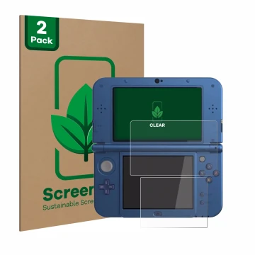 Vorderseite einer Produktverpackung mit dem Markenlogo ScreenLeaf. Daneben ist das Gerät Nintendo New 3DS XL mit dem zugehörig