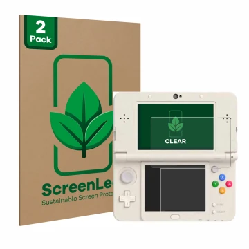 Vorderseite einer Produktverpackung mit dem Markenlogo ScreenLeaf. Daneben ist das Gerät Nintendo New 3DS mit dem zugehörigen 