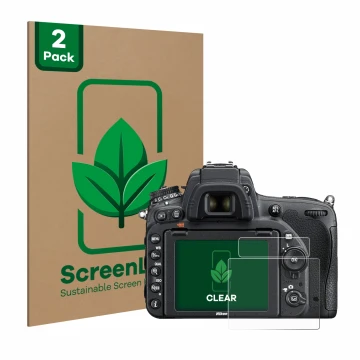 Vorderseite einer Produktverpackung mit dem Markenlogo ScreenLeaf. Daneben ist das Gerät Nikon D750 mit dem zugehörigen Displa