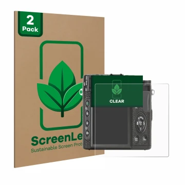 Vorderseite einer Produktverpackung mit dem Markenlogo ScreenLeaf. Daneben ist das Gerät Fujifilm X10 mit dem zugehörigen Disp