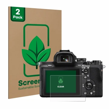 Vorderseite einer Produktverpackung mit dem Markenlogo ScreenLeaf. Daneben ist das Gerät Sony Alpha 7 II (ILCE-7M2) mit dem zu