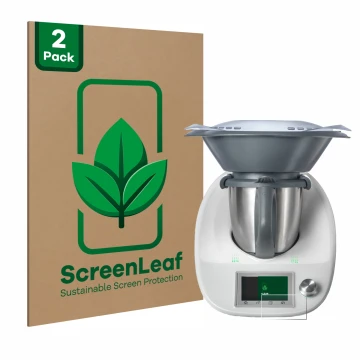 Vorderseite einer Produktverpackung mit dem Markenlogo ScreenLeaf. Daneben ist das Gerät Vorwerk Thermomix TM5 mit dem zugehör