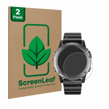 Vorderseite einer Produktverpackung mit dem Markenlogo ScreenLeaf. Daneben ist das Gerät Garmin Fenix 3 mit dem zugehörigen Di