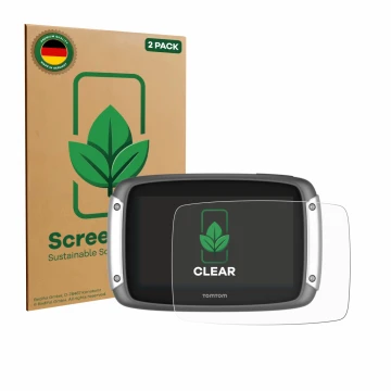 Vorderseite einer Produktverpackung mit dem Markenlogo ScreenLeaf. Daneben ist das Gerät TomTom Rider 400 mit dem zugehörigen 