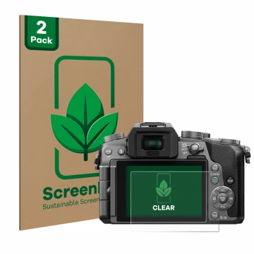 Vorderseite einer Produktverpackung mit dem Markenlogo ScreenLeaf. Daneben ist das Gerät Panasonic Lumix DMC-G70 mit dem zugeh