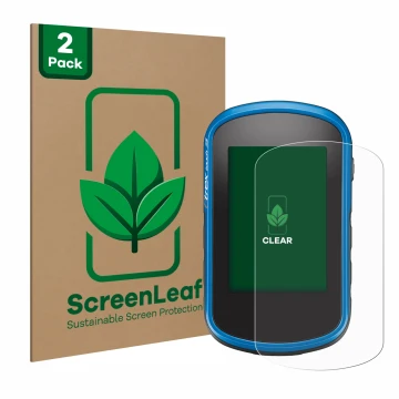Vorderseite einer Produktverpackung mit dem Markenlogo ScreenLeaf. Daneben ist das Gerät Garmin eTrex Touch 35 mit dem zugehör
