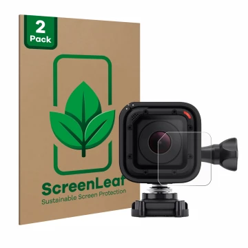 Vorderseite einer Produktverpackung mit dem Markenlogo ScreenLeaf. Daneben ist das Gerät GoPro Hero 4 Session Linse (Gehäuse) 