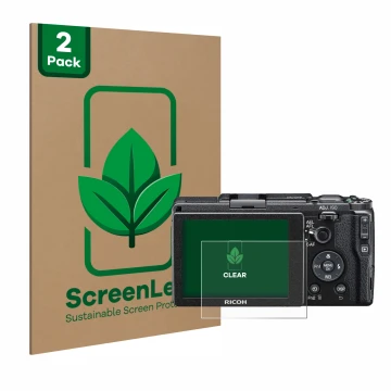 Vorderseite einer Produktverpackung mit dem Markenlogo ScreenLeaf. Daneben ist das Gerät Ricoh GR II 2015 mit dem zugehörigen 