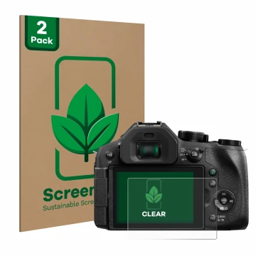 Vorderseite einer Produktverpackung mit dem Markenlogo ScreenLeaf. Daneben ist das Gerät Panasonic Lumix DMC-FZ300 mit dem zug
