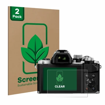 Vorderseite einer Produktverpackung mit dem Markenlogo ScreenLeaf. Daneben ist das Gerät Olympus OM-D E-M10 Mark II mit dem zu