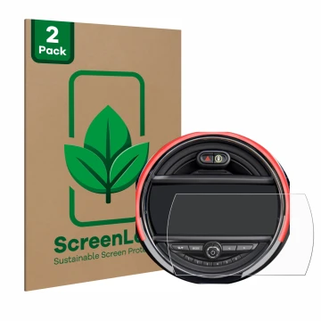 Vorderseite einer Produktverpackung mit dem Markenlogo ScreenLeaf. Daneben ist das Gerät Mini Cooper R56 (6.5