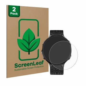 Vorderseite einer Produktverpackung mit dem Markenlogo ScreenLeaf. Daneben ist das Gerät Garmin Forerunner 235 mit dem zugehör