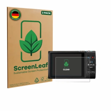 Vorderseite einer Produktverpackung mit dem Markenlogo ScreenLeaf. Daneben ist das Gerät Canon Digital Ixus 285 hs mit dem zug