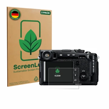 Vorderseite einer Produktverpackung mit dem Markenlogo ScreenLeaf. Daneben ist das Gerät Fujifilm X-Pro2 mit dem zugehörigen D
