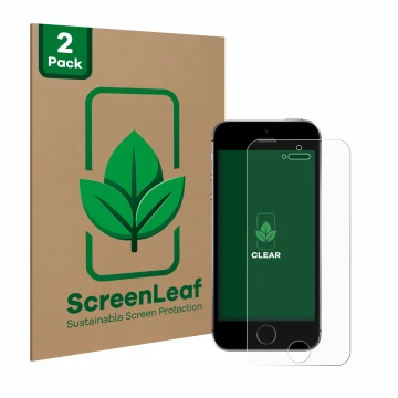 Vorderseite einer Produktverpackung mit dem Markenlogo ScreenLeaf. Daneben ist das Gerät Apple iPhone SE 2016 mit dem zugehöri