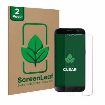 Vorderseite einer Produktverpackung mit dem Markenlogo ScreenLeaf. Daneben ist das Gerät Samsung Galaxy S7 mit dem zugehörigen