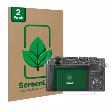 Vorderseite einer Produktverpackung mit dem Markenlogo ScreenLeaf. Daneben ist das Gerät Olympus PEN-F mit dem zugehörigen Dis