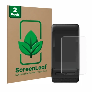 Vorderseite einer Produktverpackung mit dem Markenlogo ScreenLeaf. Daneben ist das Gerät Garmin vivoactive HR mit dem zugehöri
