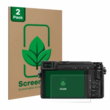 Vorderseite einer Produktverpackung mit dem Markenlogo ScreenLeaf. Daneben ist das Gerät Panasonic Lumix DMC-GX80 mit dem zuge