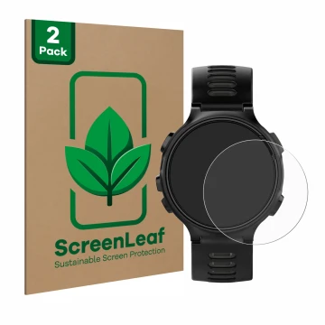 Vorderseite einer Produktverpackung mit dem Markenlogo ScreenLeaf. Daneben ist das Gerät Garmin Forerunner 735XT mit dem zugeh