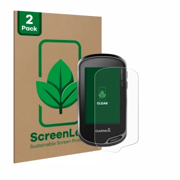 Vorderseite einer Produktverpackung mit dem Markenlogo ScreenLeaf. Daneben ist das Gerät Garmin Oregon 750t mit dem zugehörige
