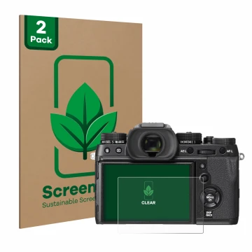 Vorderseite einer Produktverpackung mit dem Markenlogo ScreenLeaf. Daneben ist das Gerät Fujifilm X-T2 mit dem zugehörigen Dis