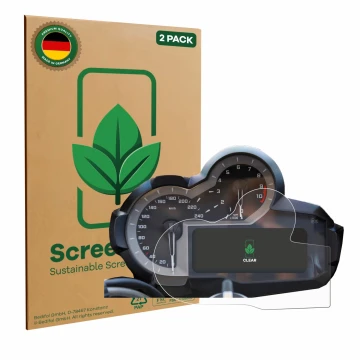 Vorderseite einer Produktverpackung mit dem Markenlogo ScreenLeaf. Daneben ist das Gerät BMW R 1200 GS K50 2013-2018 Tachoanze