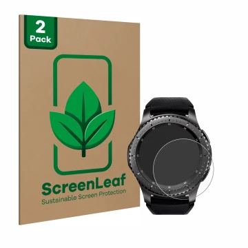 Vorderseite einer Produktverpackung mit dem Markenlogo ScreenLeaf. Daneben ist das Gerät Samsung Gear S3 Frontier mit dem zuge