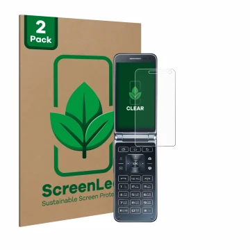 Vorderseite einer Produktverpackung mit dem Markenlogo ScreenLeaf. Daneben ist das Gerät Samsung Galaxy Folder 2 mit dem zugeh