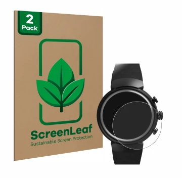 Vorderseite einer Produktverpackung mit dem Markenlogo ScreenLeaf. Daneben ist das Gerät ASUS ZenWatch 3 1.39