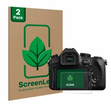 Vorderseite einer Produktverpackung mit dem Markenlogo ScreenLeaf. Daneben ist das Gerät Panasonic Lumix DMC-FZ2000 mit dem zu